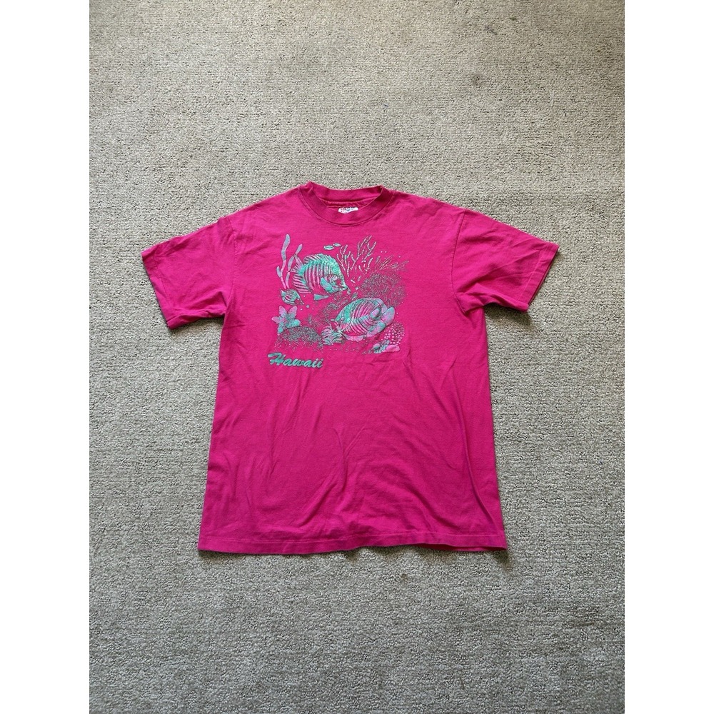 Vintage Hanes Beefy-T Pink Graphic Hawaii Fish Single Stitch T-Shirt Mens Medium